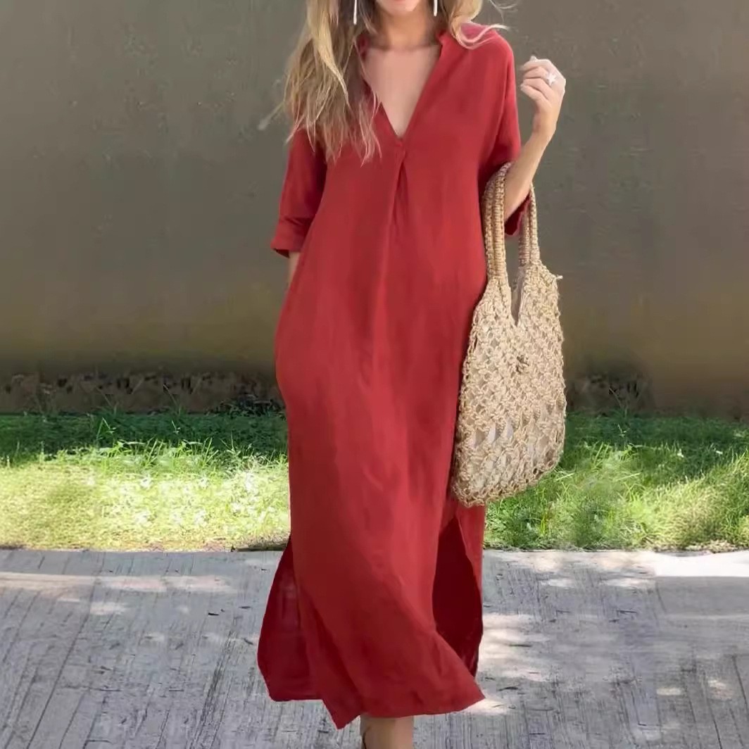 2024 Women's Summer Side slit Pocket V-neck 7-inch Sleeve Chest Crimson Dress_voghion.com