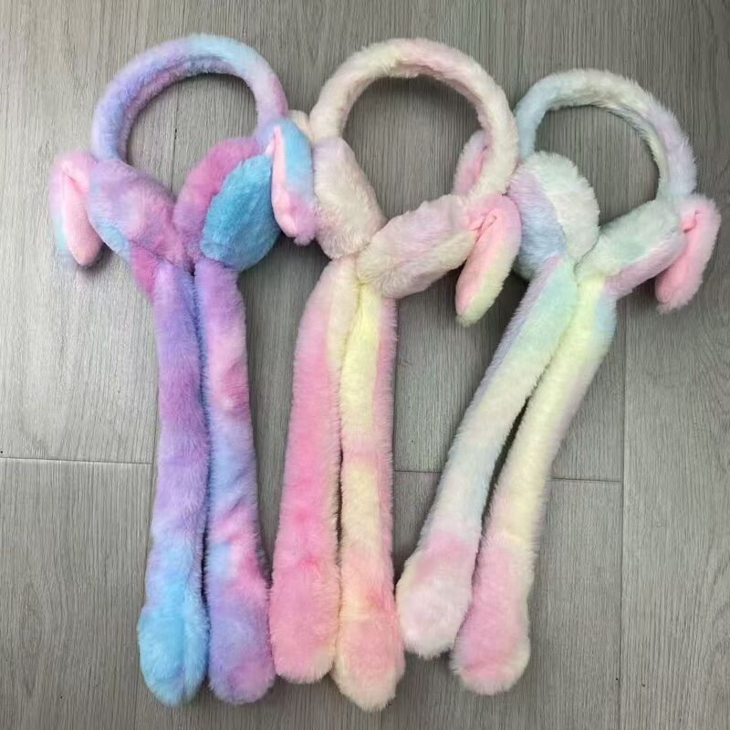 Tiktok Trending Glowing Plush Tie-Dye Earmuffs Cute Student Ear Covers with Moving Airbag Rabbit Ear Muffs for Cold Protection and Warmth