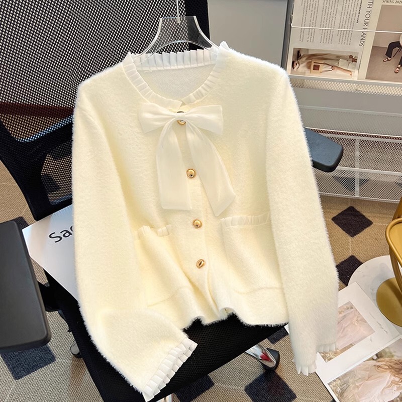 2025 New Autumn and Winter French Sweet Bow Ruffle Collar Sweater Jacket Soft Waxy Imitation Mink Velvet Cardigan Top