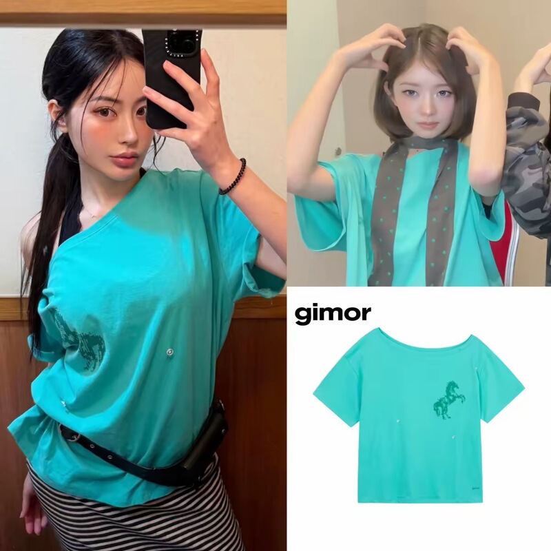 Rei Naoi's Same Style Gim*Or Korean Designer's New Pony Print One-Shoulder Loose Short-Sleeve T-Shirt