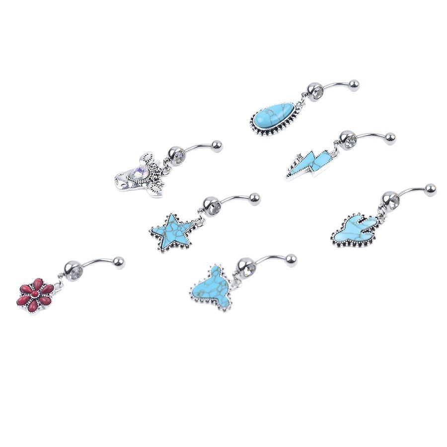Turquoise Piercing Navel Ring Creative Retro Bullhead Cactus Style_voghion.com