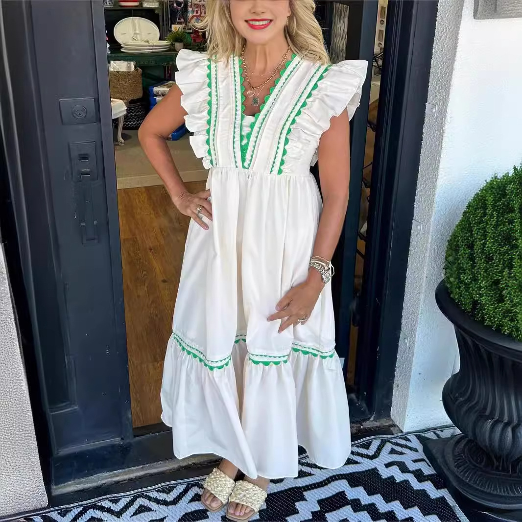 2024 유럽과 미국의 레이스 스티칭 러플 원피스 긴 원피스