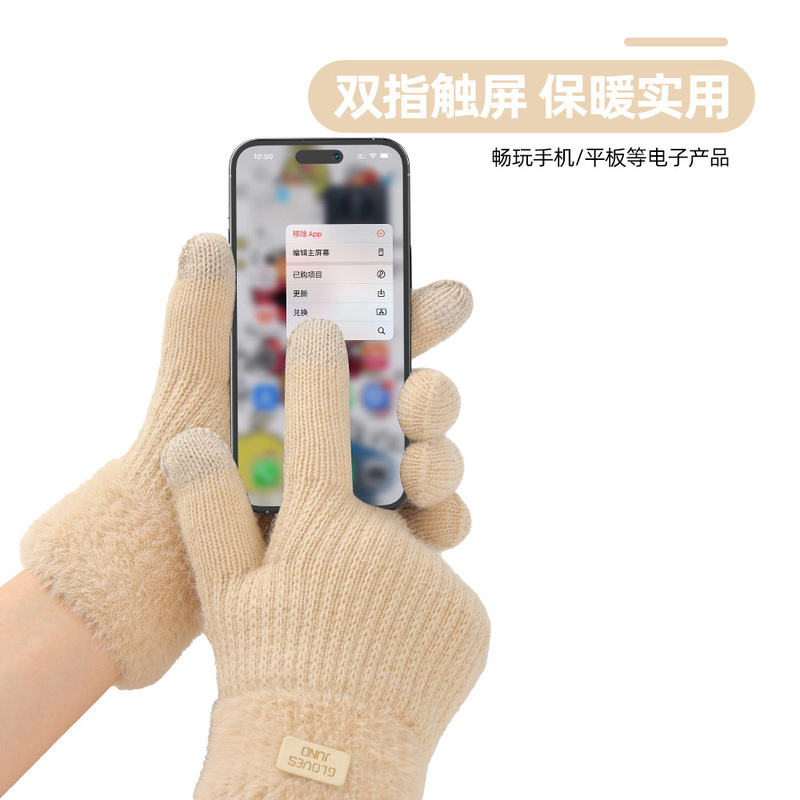 秋冬の女性用クロスボーダーニット手袋、二重層ベルベット、厚く暖かいウール、防寒タッチスクリーン手袋|undefined