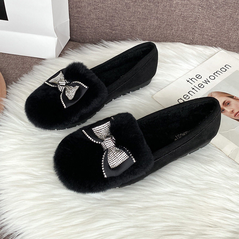 Giày lười nữ đế bệt lông thỏ trang trí nơ, giữ ấm — Màu xám, Màu đen