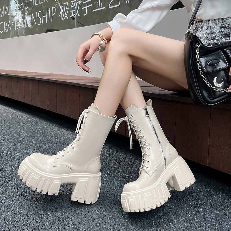 Boot nữ đế dày siêu cao dây buộc phong cách motor — nhung đen, Lớp lót đơn màu trắng nhạt, Lớp lót nhung màu trắng nhạt, Lớp lót đơn màu đen