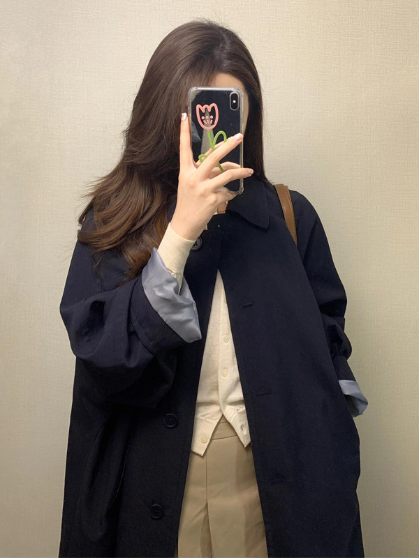 Japanese-Style Navy Blue Trench Coat for Women, New Spring and Autumn Collection, Very Stylish, Petite Korean Version, Mid-Length