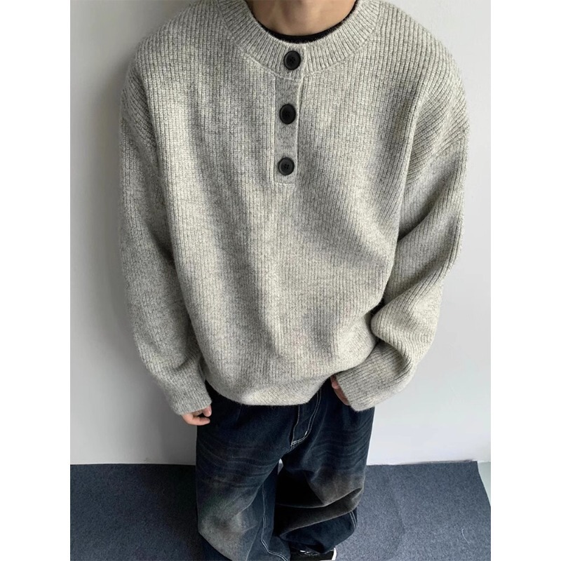 Grey Lazy Style Button Henry Collar Sweater Men's Winter cityboy American Style Retro All-match Sweater Jacket