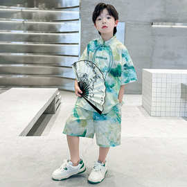 男童套装夏季汉服2024款儿童帅气泼墨云彩盘扣国风两件套唐装童装