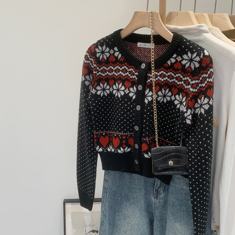 Brand Discount Fair Isle Korean Style Christmas Atmosphere Polka Dot Knitted Sweater Cardigan Jacket Women's Autumn New Short Top