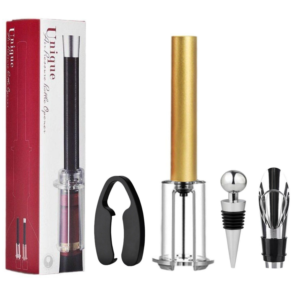 Novedad - Set de 4 piezas de sacacorchos y tapón de vino de presión de aire ABS dorado