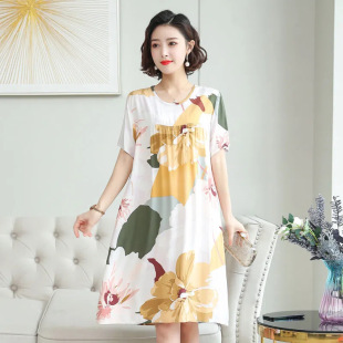 Middle-aged and Elderly Cotton Silk Nightgown Women's Summer Pajamas Artificial Cotton Dress Mid-length Large Size Home Clothes Mother's Clothes