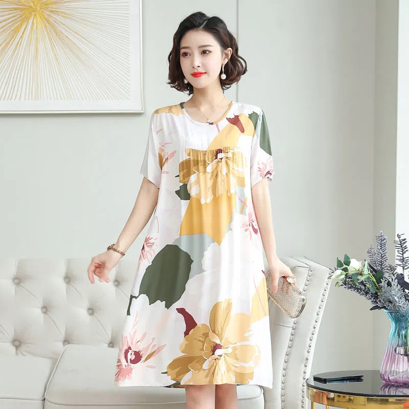 Middle-aged and Elderly Cotton Silk Nightgown Women's Summer Pajamas Artificial Cotton Dress Mid-length Large Size Home Clothes Mother's Clothes