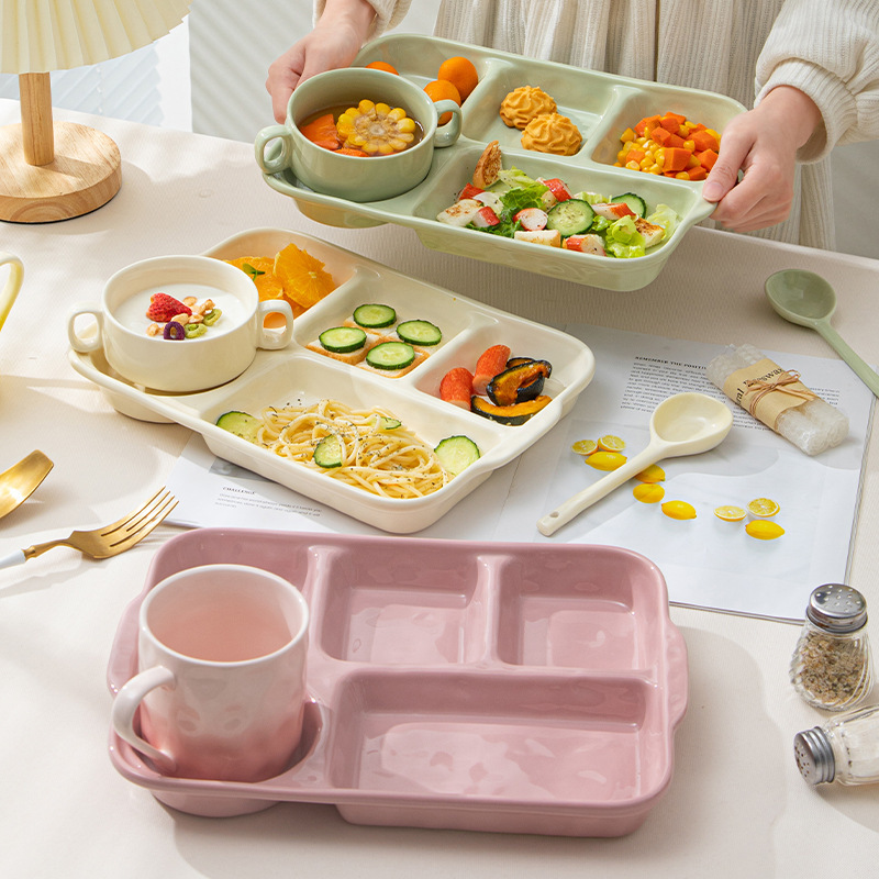 Ceramic Divided Plate and Bowl Set for One Person, Suitable for Adults, Weight Loss, Postpartum Meals, Cafeteria, and Children's Breakfast