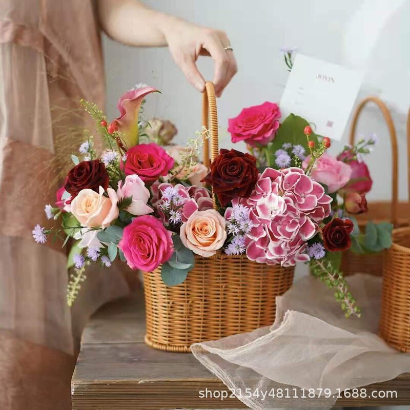 Imitation Rattan Hand-woven Flower Basket Pastoral Style Series Plastic Rattan Satchel Basket Green Plant Small Flower Basket Decorative Ornaments