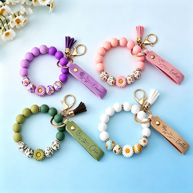 Cross-Border Hot-Selling Daisy Silicone Leaf Silicone Bead String Wrist Keychain Bag Car Key Keychain Accessories