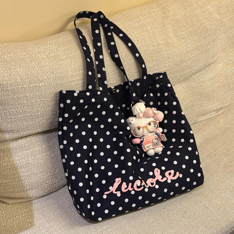 Korean-style polka dot navy blue canvas bag for women, large capacity, suitable for work and daily use, versatile, casual style, commuter shoulder tote bag Korean-style polka dot navy blue canvas bag for women, large capacity, suitable for work and daily use, versatile, casual style, commuter shoulder tote bag