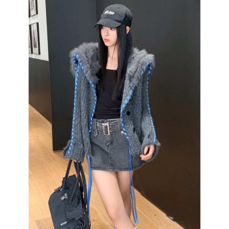 秋冬新慵懒风狐狸毛车条撞色织带毛衣女修身绒感翻领外套开衫显瘦|undefined