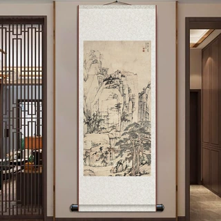 弘仁松溪石壁图陈洪绶餐芝图国画山水画新中式丝绸卷轴挂画玄关