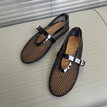 2025春款羊皮镂空网纱一字扣带玛丽珍女单鞋圆头浅口平底芭蕾舞鞋