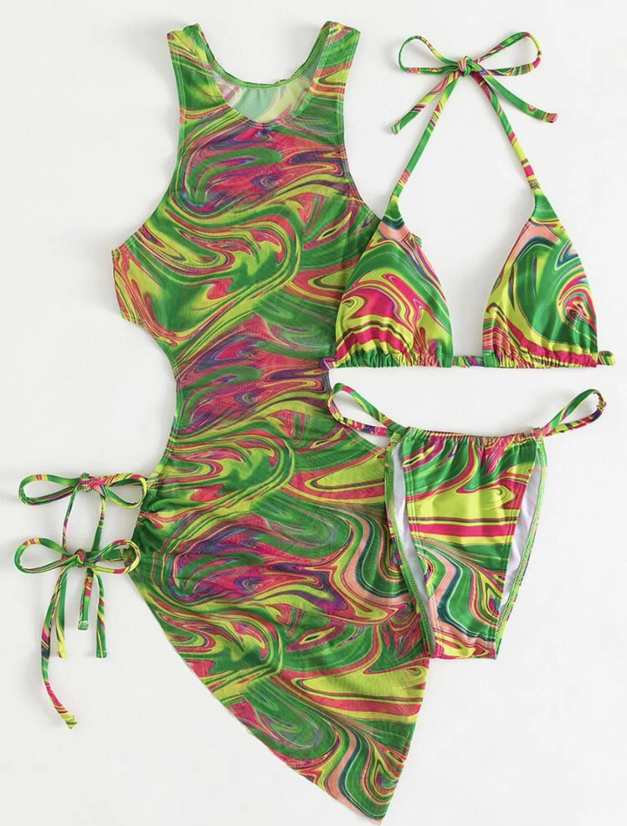 printed hollow straps drawstring three-piece swimwear set NSCSY135083