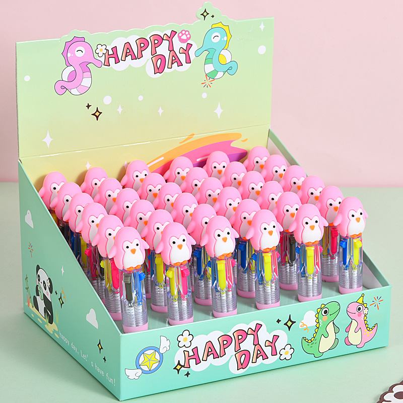Caricatura de pingüinos lindos mini bolígrafo de cuatro colores multicolor en uno bolígrafo de cuentas de mano de color para estudiantes premios papelería al por mayor