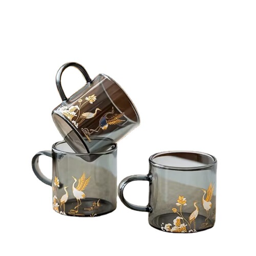 High borosilicate glass small tea cup for home reception and drinking, heat-resistant glass printed tea cup, kung fu tea set accessories