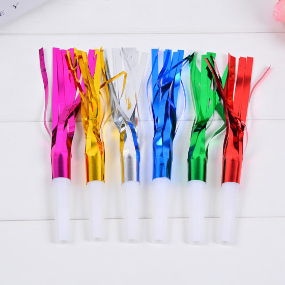 Cross-border Rain Silk Tassel Horn Party Rainbow Paper Tassel Blowing Dragon Laser Color Rain Silk Blowing Dragon Helping Props
