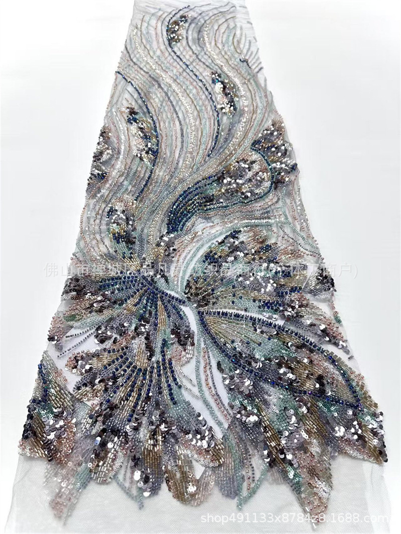 Wavy streamline Peacock pluma bordado tela de malla delgada alfombra roja vestido de cena de boda china tela de lujo ligera