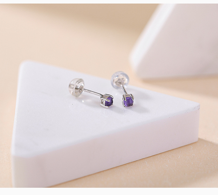 Bông tai bạc S925 đính đá thạch anh tím hạt tròn cổ điển — Kiểu màu bạc chi tiết 4
