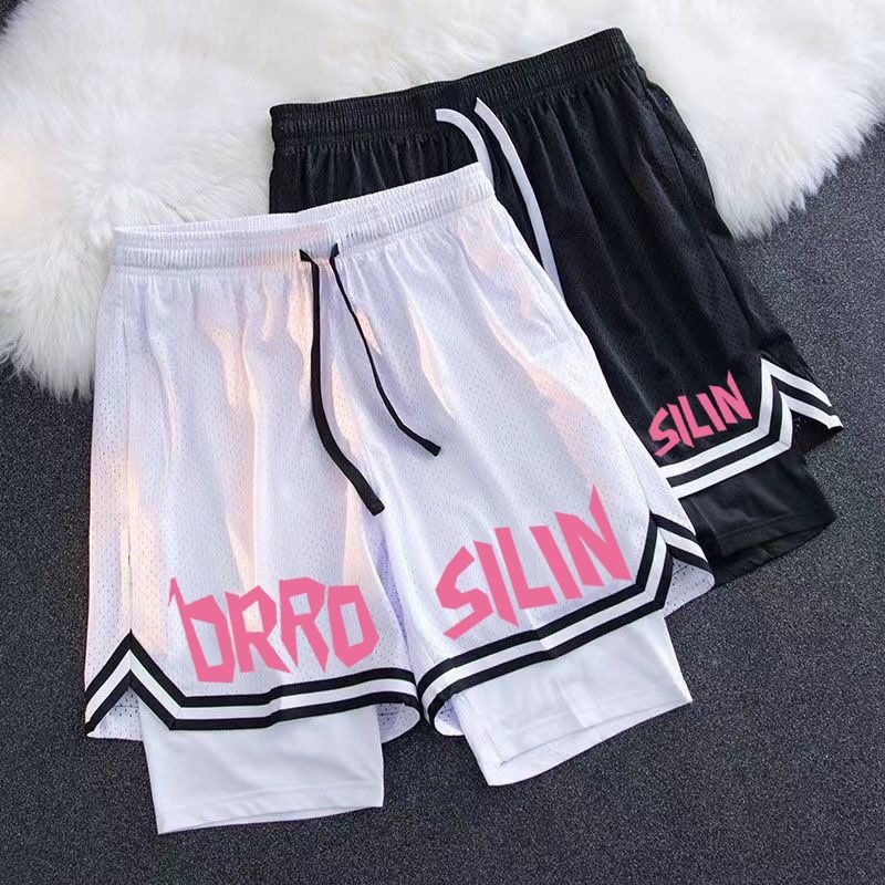 American-style basketball shorts with lining, faux two-piece design, suitable for games, training, three-point shooting, above the knee, fitness, and anti-exposure.