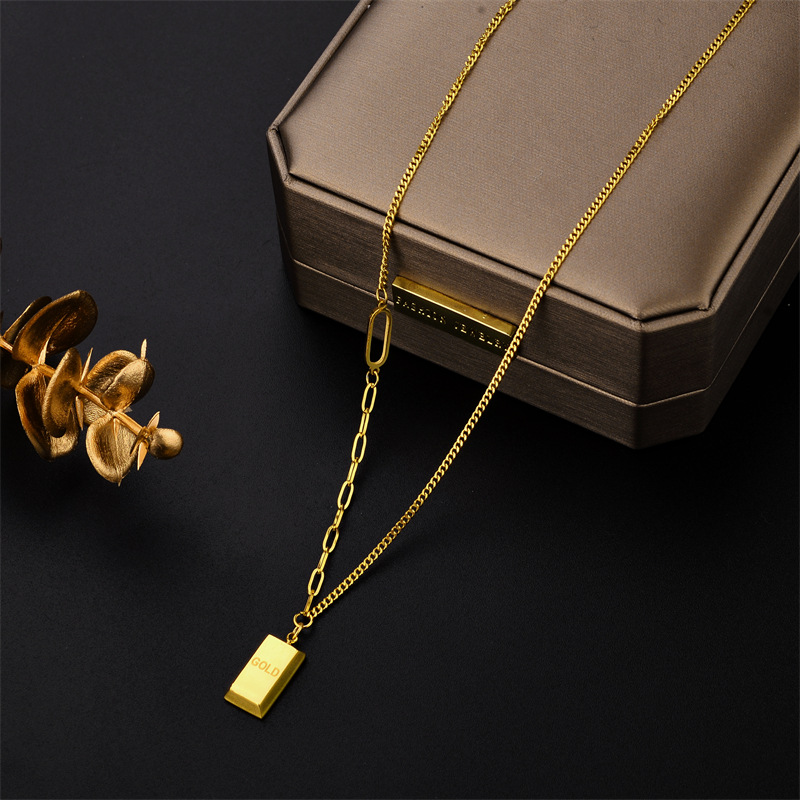 [titanium Steel]  New Trendy And Fashionable Summer Small Gold Brick Short Collar Chain Necklace Titanium Steel Mesh_voghion.com