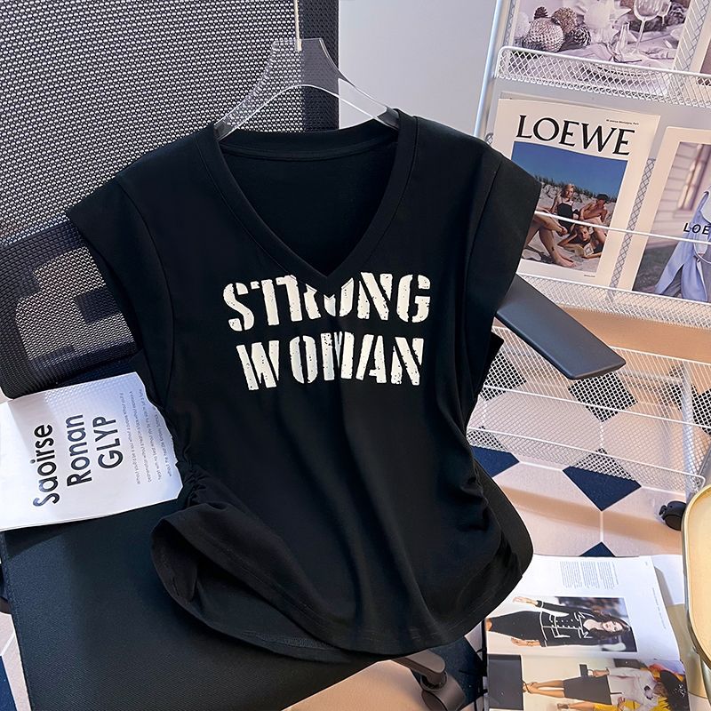 Camiseta de manga voladora pequeña con estampado de letras para mujer de talla grande para mujer verano 2024 nuevas mujeres sueltas y delgadas con cuello en V para mujer