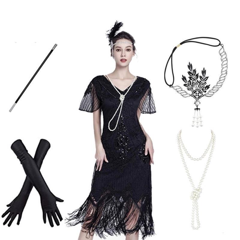 1920s Vintage Gatsby Beaded Tassel Dress Sequin Cocktail Party Evening Dress Set Generational Hair