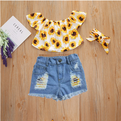 Girls'  New Summer Outfit: One-Shoulder Print Blouse and Denim Frayed Shorts Set for Summer Girls, Short-Sleeve Three-Piece Set