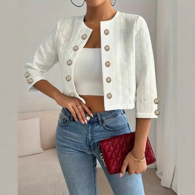 2025 Spring and Autumn New Slim Slim-fit Seven-point Sleeve All-match Round Neck-breasted Cufflinks Short Chanel Style Coat Cardigan