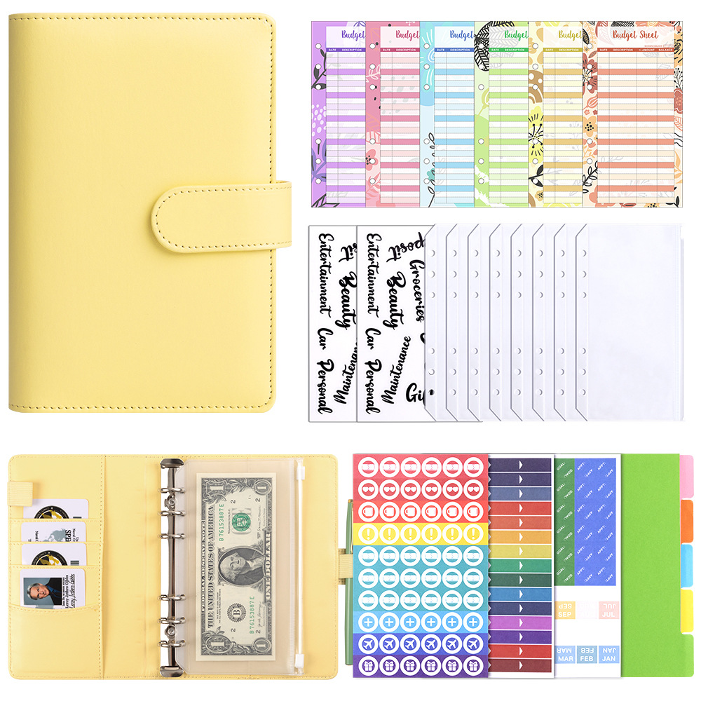 Presupuesto transfronterizo Cash Clip de hojas sueltas Bolsa con cremallera Sobres Libro de cuentas A6 Macarons PU Cuaderno de hojas sueltas de cuero