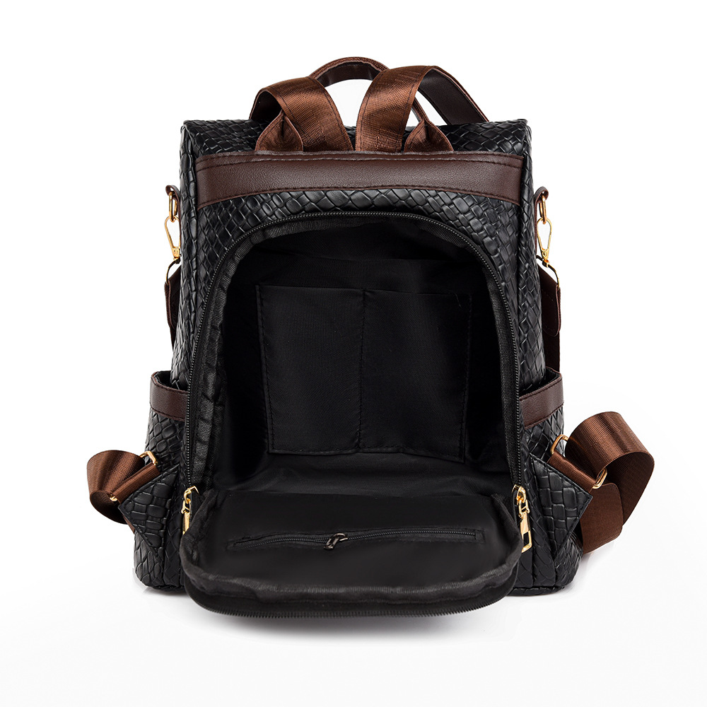 Fábrica al por mayor 2024 nuevas señoras casuales de cuero suave mochila antirrobo moda contraste color tejido mochila de viaje