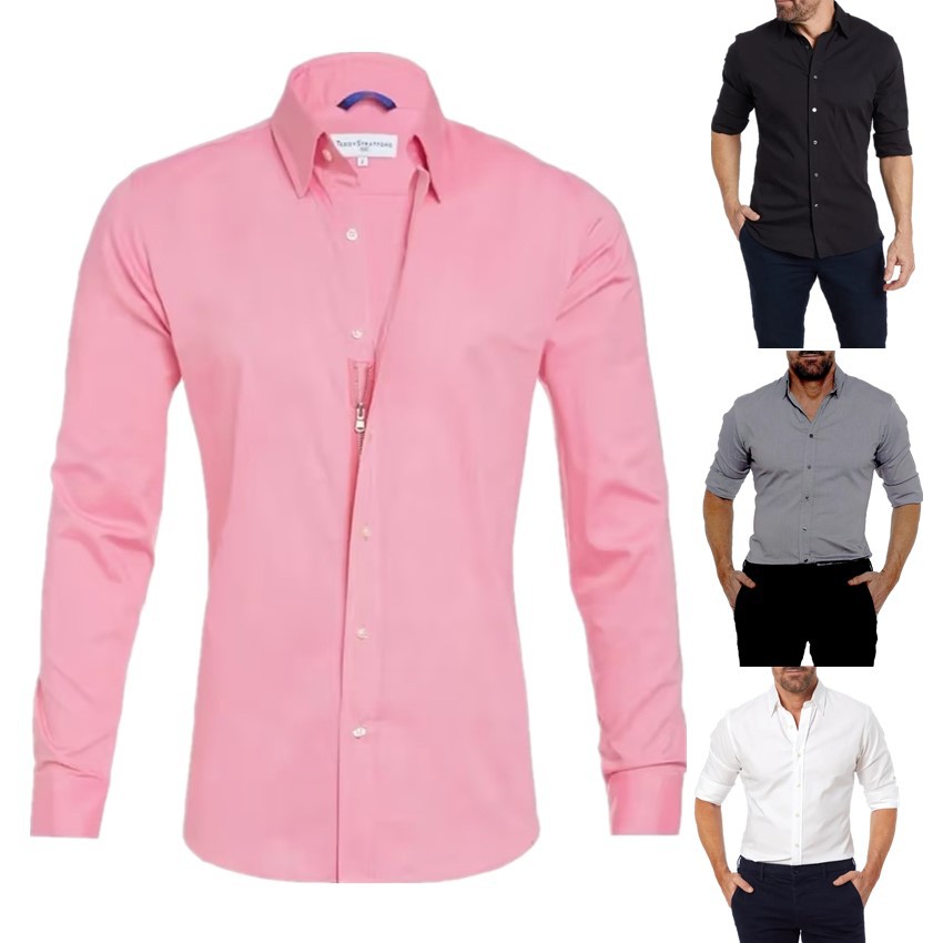 Men's zippered shirt hidden fake button Oxford elastic cotton zipper lining_voghion.com