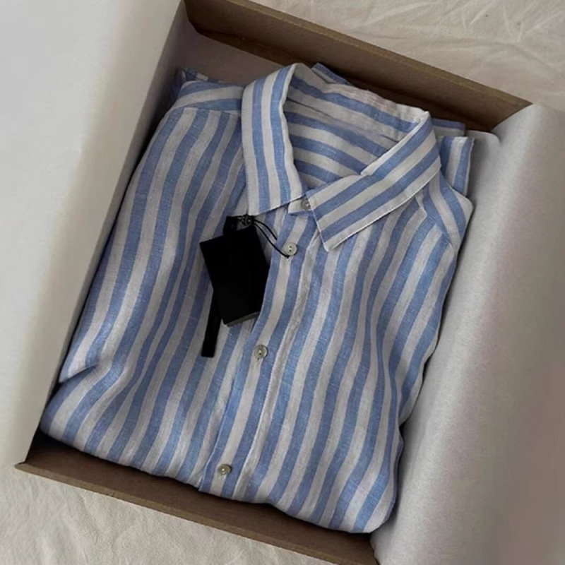 The Appearance Is Stunning~ Awesome Product! a Real Hit! This Year's Trendy Elegant Blue Striped High-Quality Linen Shirt for Women