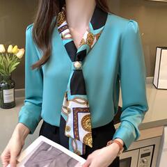 2025春秋女装上衣洋气领结小衫高档气质领带设计感小众雪纺衬衣