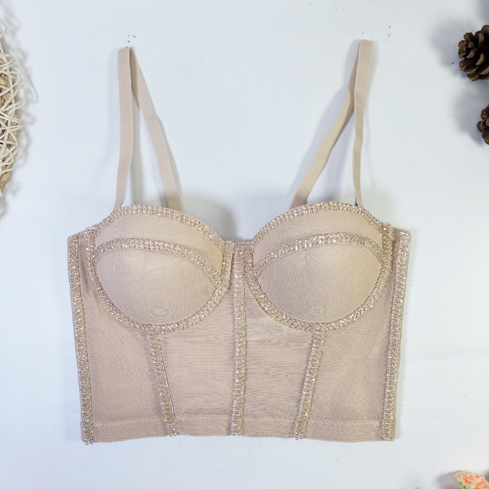 Sexy beaded mesh bra, outerwear, body-shaping fishbone suspender crystal strapless bra, available on Amazon and AliExpress in Europe and America.