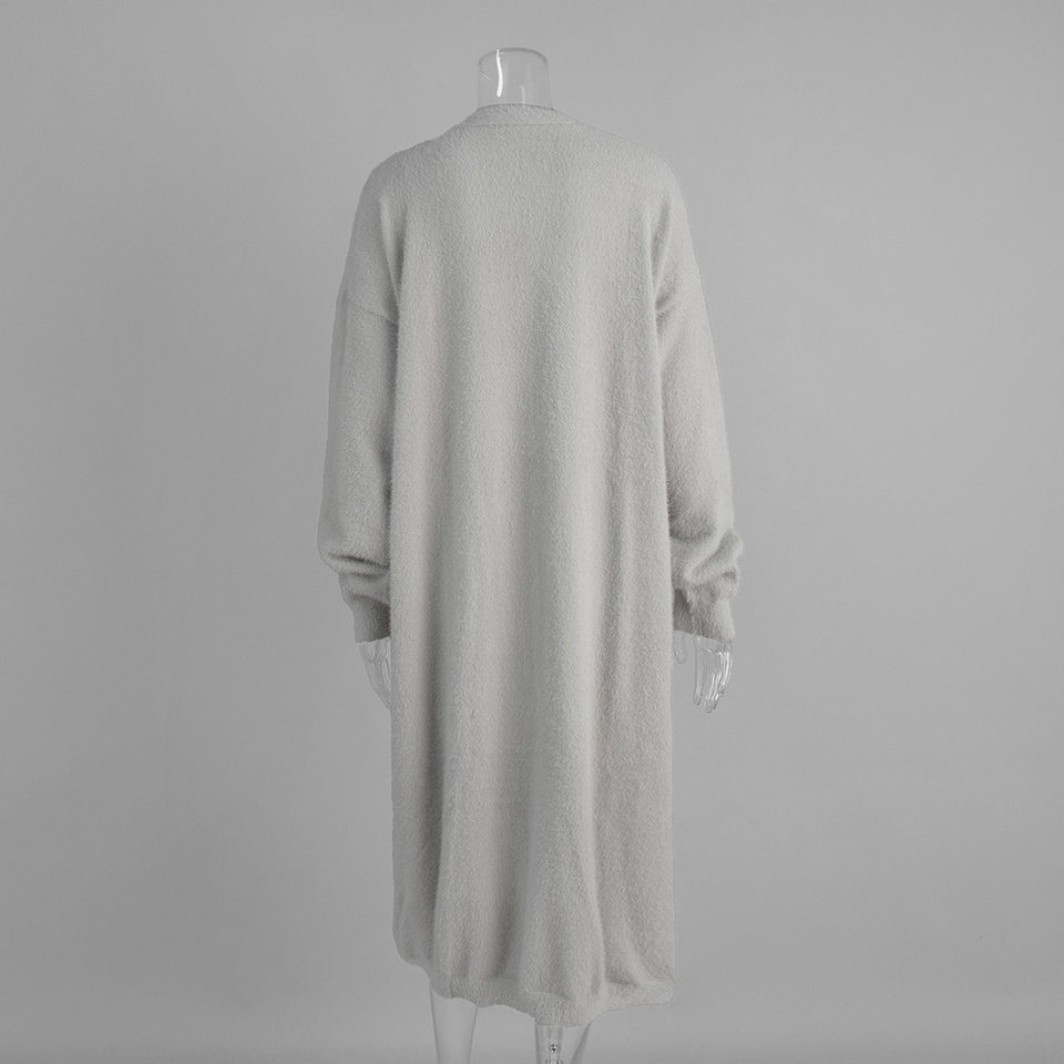 Áo cardigan len lông mềm dáng dài rộng cổ chữ V tay dài — hồng, màu xám, quần kaki chi tiết 14