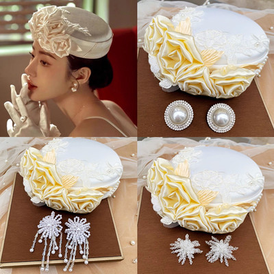 Ivory French elegant bride pillbox hats British retro photos shooting beret singers stage performance satin rose contracted hat wedding banquet bride headdress