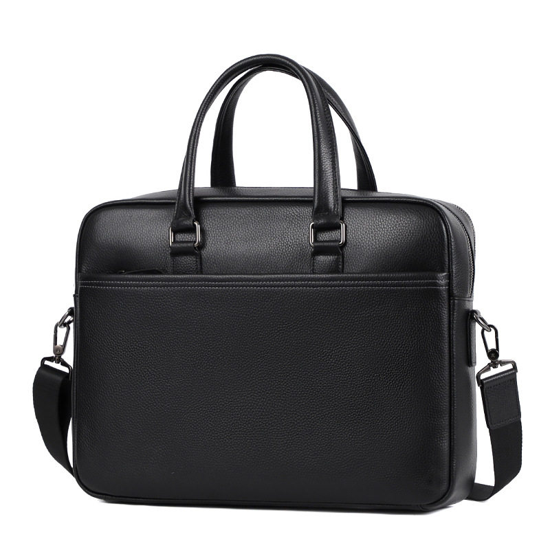 Túi xách tay nam da bò thật 39×10×29 cm có hai ngăn khóa kéo, đeo chéo một vai — Màu đen