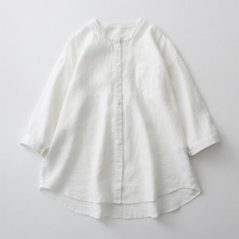 Plus Size Loose Japanese Cotton and Linen Shirt for Women Summer 2025 New Solid Color Versatile Casual Round Neck Three-Quarter Sleeve Shirt