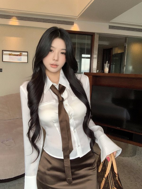 适美感翻领绸面长袖衬衫女装秋季显瘦半身裙包臀裙两件套|undefined