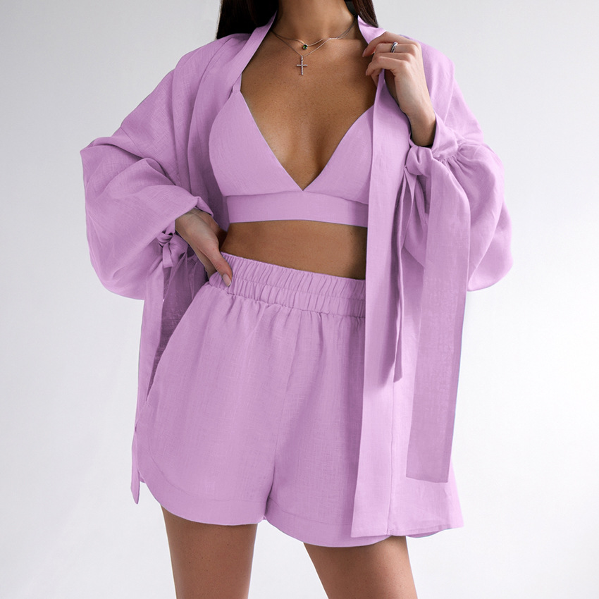 413g Weight Long Sleeve Sleeve Length Pajamas Lingerie Type Cotton Fabric Type Short Top Length Shorts Sets Sets Type 3 Pieces Set Quantity Home, Outdoor Occasion Halter Neck Neckline Breathable Function Regular Fit Fit Type Solid Color Pattern Summer, Spring Season Women's Gender Simple Style Style Home Outdoor Women's Simple Style Solid Color Cotton Shorts Sets Pajama Sets 21