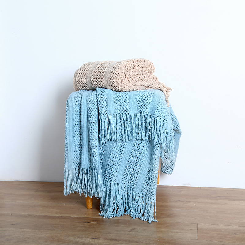 Sofa Blanket,Hollow Solid Color Tassel Wool Blanket,Bedside Blanket,Famous Hotel Bedside Blanket,Knitted Blanket