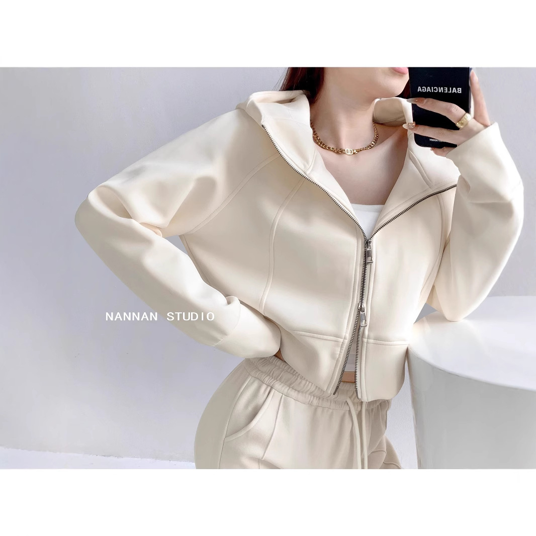 Grab the Mirror Small Waist Essence Short Three-Dimensional Cut Slim-Fit Sports Hooded Sweater Women's Spring and Autumn Loose Micro-silhouette Zipper Jacket
