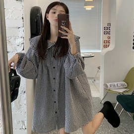 韩系黑白格子娃娃领连衣裙夏季新款大码胖mm显瘦长袖衬衫孕妇裙